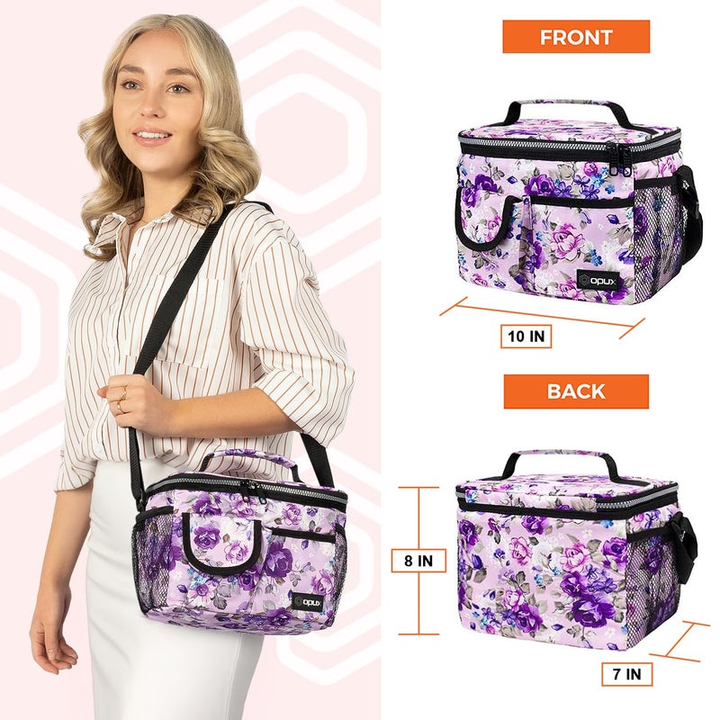 opux Insulated Lunch Bag for Men Women, Leakproof Floral Purple Lunch Box for Work, Portable Soft Lunch Cooler Bag with Shoulder Strap, Adult Lunchbox Lunch Pail for Kid Boy Girl School, 14 Can/8L - Image 3